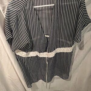 Nicole Black and White Striped Blouse with Lace Detail